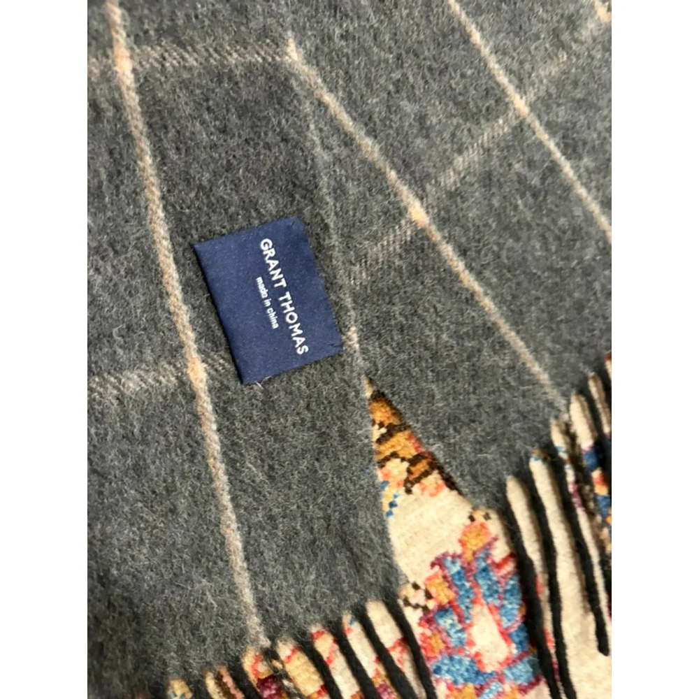 Grant Thomas Gray Windowpane Wool Cashmere Scarf Fringe Winter